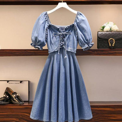Women's Denim Dress Puff Sleeves Spring and Summer Sexy Knee-length Daily Wear Office Dating Party