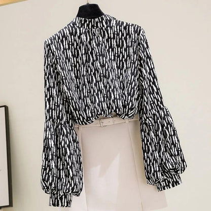 Floral Chiffon Puff Sleeve Top Thin Chiffon Shirt Women's Loose Casual Top Stand Collar Long Sleeves