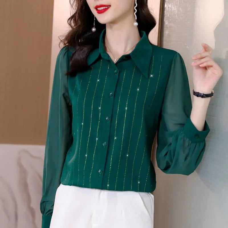 Rhinestone Chiffon Shirt Women's Long-sleeved Shirts Spring and Autumn Solid Color Lapel Mesh Blouse Temperament Button Up Lantern Sleeves Casual Tops