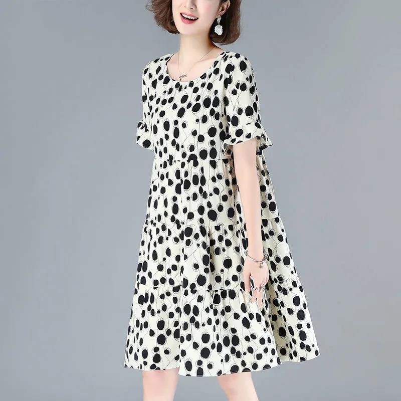 Polka Dot Women's Summer Dress Short Sleeve Round Neck Printing Knee-length Daily Wear Office Dating Party