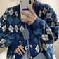 Autumn Winter Check Color Contrast V-neck Long  Sleeved Sweater Jacket Women Retro College Style Loose Knit Cardigan Outer Wear