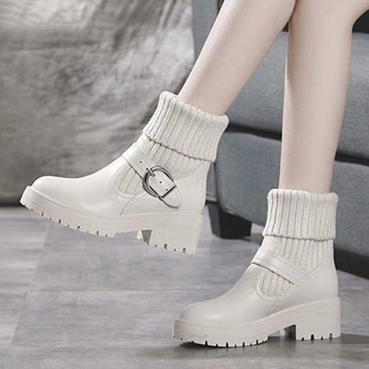 Female Socks Stitching Leather Martin Boots All-match Student Block Heel Ankle Boots British Style Snow Boots Black and White