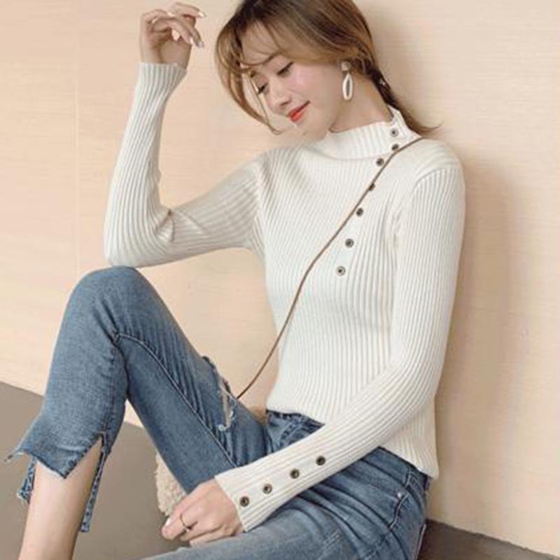 Long-sleeved Casual Bottoming Sweater Women's Spring and Autumn Thin Slim Half Turtleneck Buttoned Sweater Short Style Top