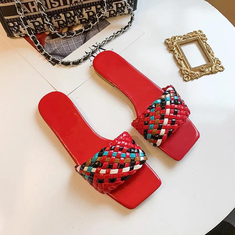 Handmade Braid Leather Chain Slippers Summer Beach Shoes White Sky Blue Shoes Flat Flipflops Women's Sandalias