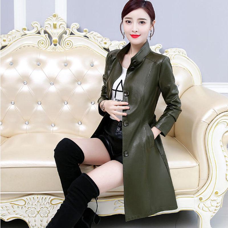 Women's Sheepskin Leather Jacket Long Slim Fit Stand Collar Large Leather Trench Coat Sheepskin Coats with Belt