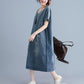 WTEMPO Loose Mid-length Frayed Dress Loose Literary Plus Size Summer Dress Denim Dress with Ripped V-neck