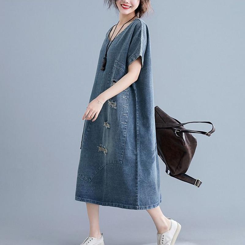 WTEMPO Loose Mid-length Frayed Dress Loose Literary Plus Size Summer Dress Denim Dress with Ripped V-neck