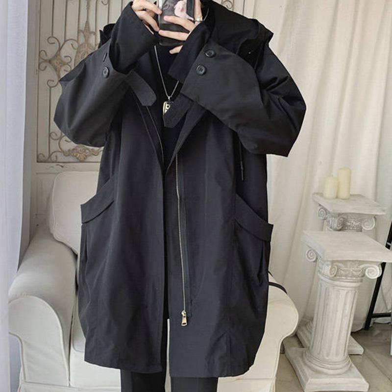 Tooling Jacket Men's Spring and Autumn Hong Kong Style Handsome Windbreaker Jacket Loose Tide Brand Mid-length Hooded Gown