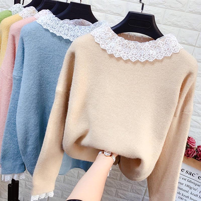 Pofulove Girly Warm Lace Crew Neck Knitwear Skin-friendly High Elasticity Women Pullover Sweater