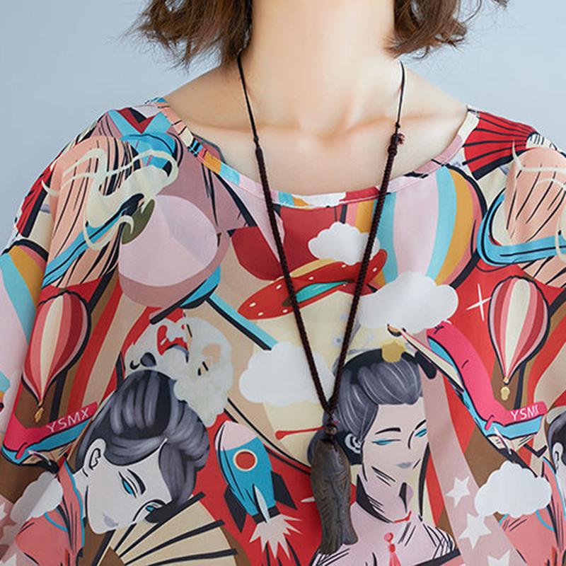 Large Size Women's Dress Loose and Thin Printing Retro Ethnic Style Women's Round Neck Short Sleeve Loose Mid-length Skirt Light and Breathable Fabric