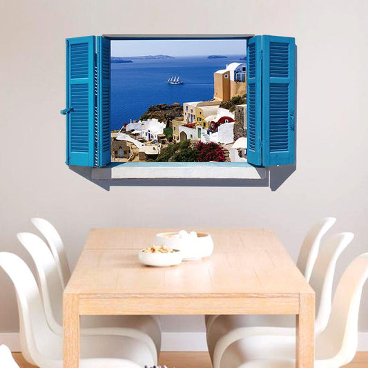 3D PVC Mediterranean blue fake window scenery Bedroom living room porch decorative wall stickers