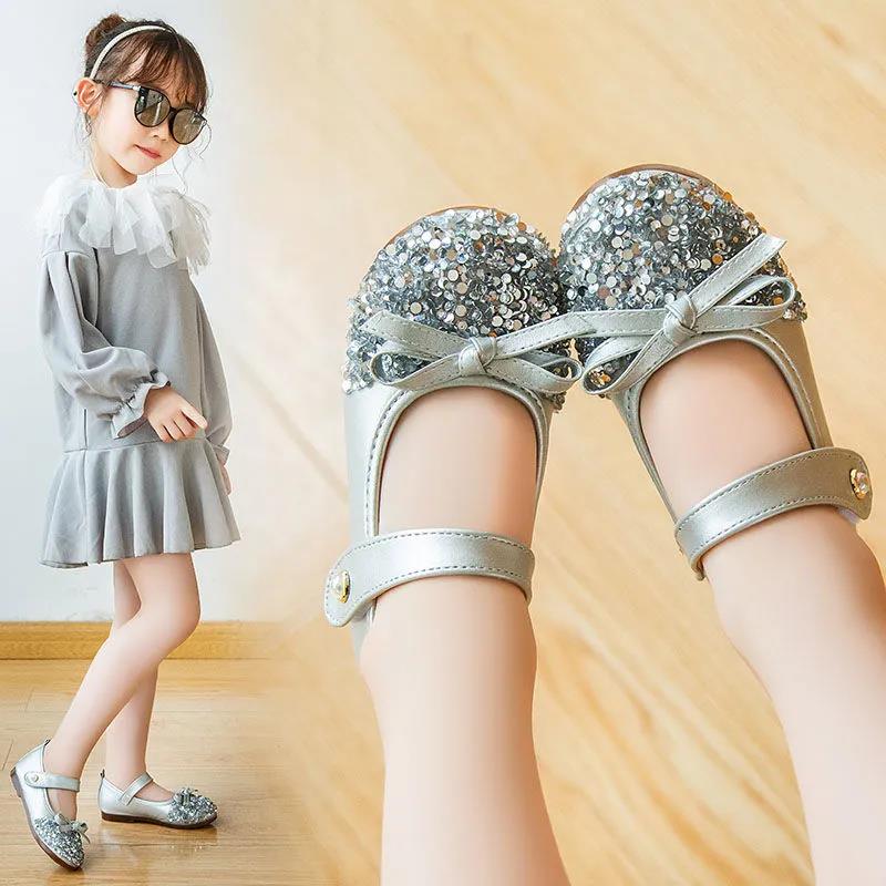Girls' Leather Shoes Spring and Autumn Non-slip Soft Sole Children's Single Shoes Baby Peas Shoes Crystal Girl Princess Shoes