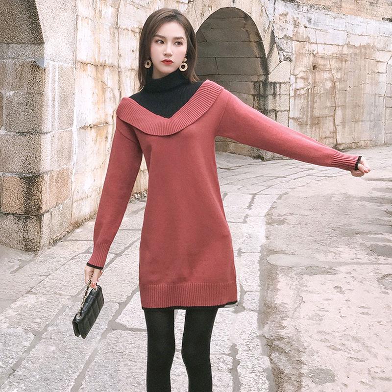 Autumn Winter Sweater Dresses for Women Thick Slim Mid-length Knitted Dress turtleneck  Pullover Sweater Dress