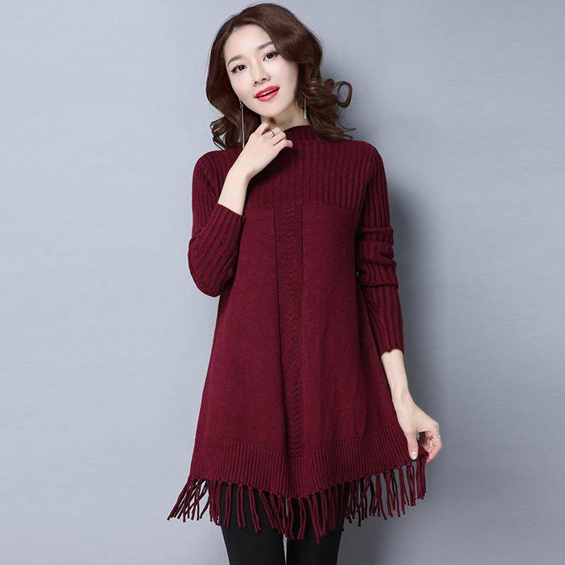 Pofulove Women Long Sweater Dress Long Section Turtleneck Tassel Pullover Base Knitted Blouse