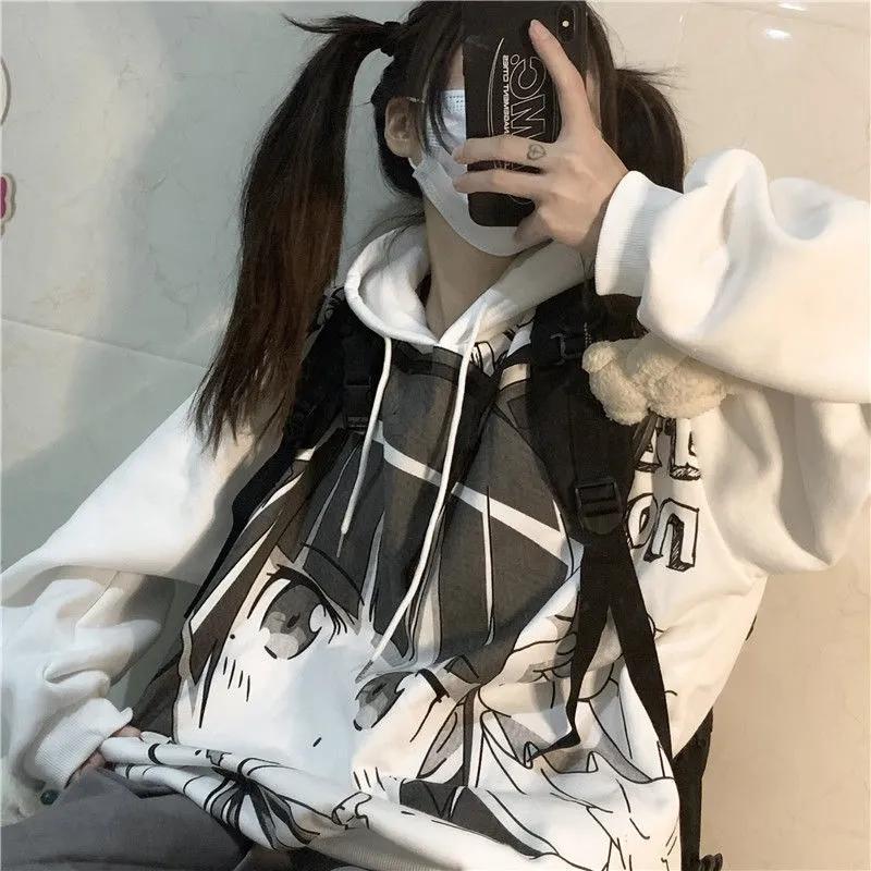 Hoodies Women Anime Fashion Pullover Sweatshirt White Fleece Warm Autumn Winter Hooded Tracksuit Streetwear Harajuku Hip Hop Top Clothes Lady