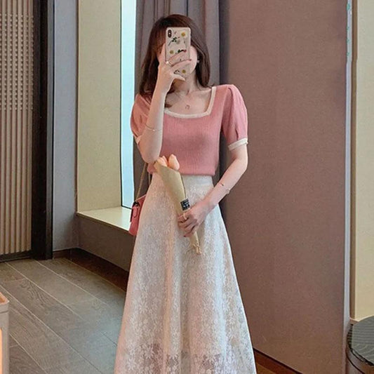 Two Piece Skirt Set Women's Short Sleeve T-Shirt Lace High Waist A-Line Skirt Mid Length Casual Elegant Summer Skirt Set Hollow Flower Embroidered