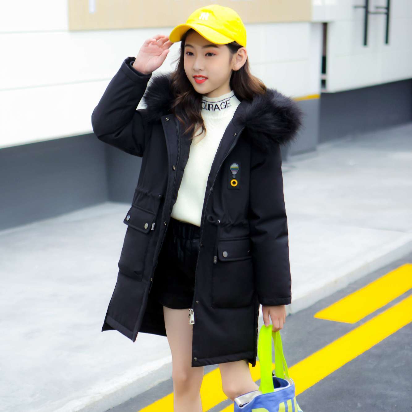 Fashion Girls Cotton Winter Thickening Plus Velvet Pike Clothing Mid-length Fur Collar Kids Winter Parkas