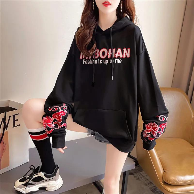 Winter Hoodies Women Thick Fleece Pullovers Floral Embroidery Chinese Style Women Sweatshirts Black Tracksuit Pink White Sport Shirt Lady Top Clothes