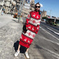 Super Long Pullover Sweater Women Autumn and Winter Fawn Print Red Christmas Sweater Loose Base Knitted Sweater Dress