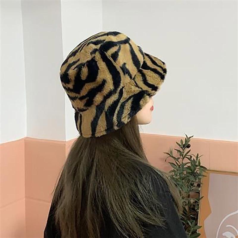 Winter Plush Basin Hat Fashion All-match Zebra Pattern Hat Thickened Warm Furry Hat