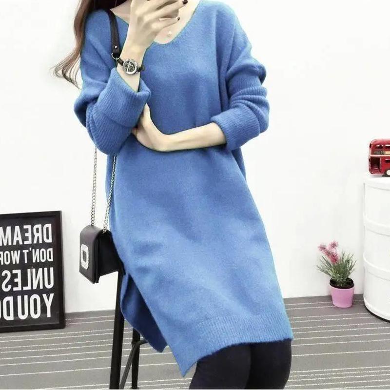 Oversized Women's Loose Bottoming Shirt Autumn and Winter V-neck Mid-length Knit Sweater Pullover Casual Coat