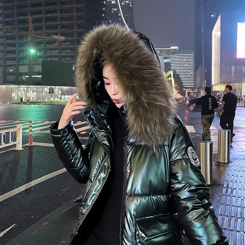 Winter Fashion Big Fur Collar Bright Face Down Padded Jacket Women Mid-length Thick Coat