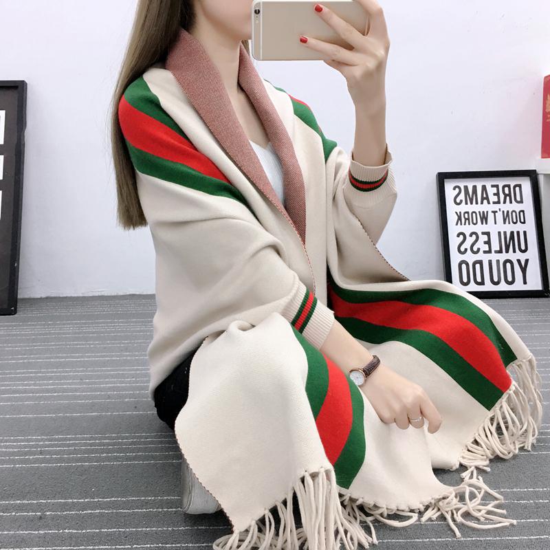 Thicken and Increase Cashmere Feel Long Tassel Shawl Knitted Cardigan Striped Sweater Coat Warm Wrap Women Spring and Autumn