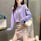 Off-the-shoulder Two-wear Pullover Solid Color Loose Knit Sweater Women's College Style Round Neck Top