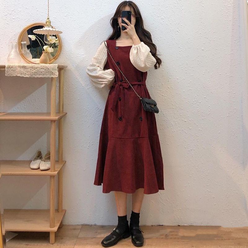 Large Size Dress Spring Dress Waist Waist Was Thin  Fake Two Pieces of Western Style Age-reducing French Retro Long Skirt