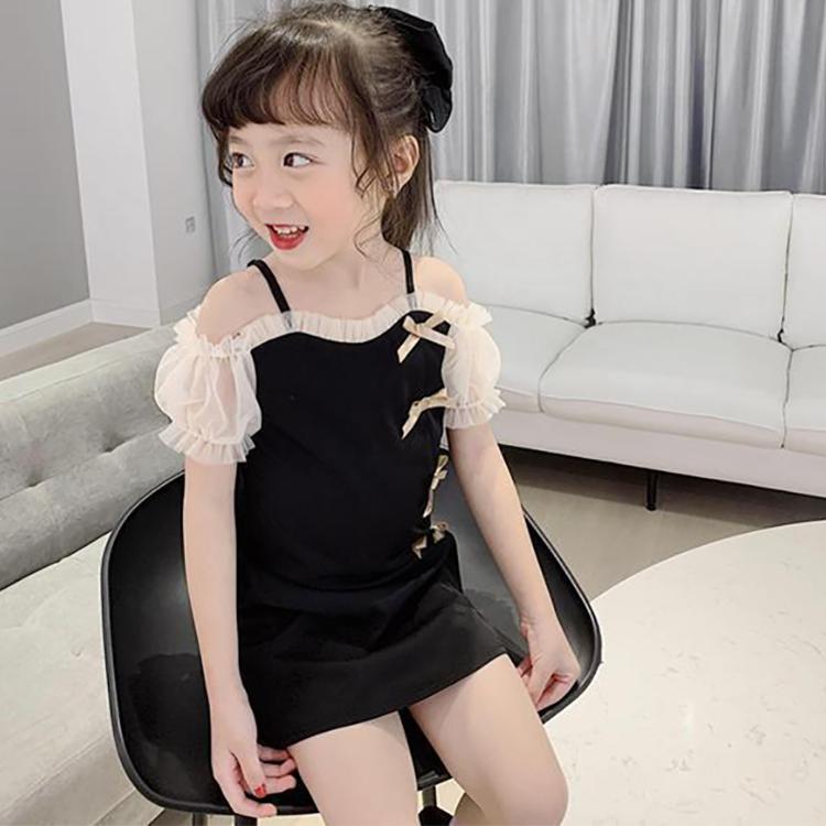Children Dress Girls' Summer Dress Korean Sweet Casual Dress Bowknot Mesh Suspender Dress Ruffle Shoulder