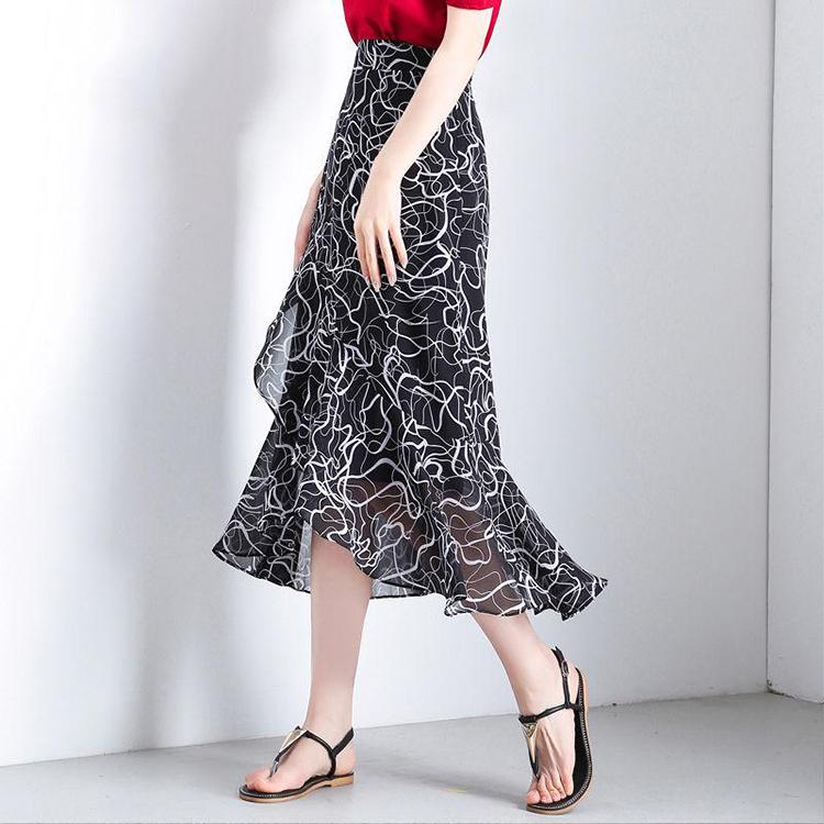 Long Print Chiffon Skirt Women Summer Elegant High Waist Pleated Sun Maxi Skirt Female