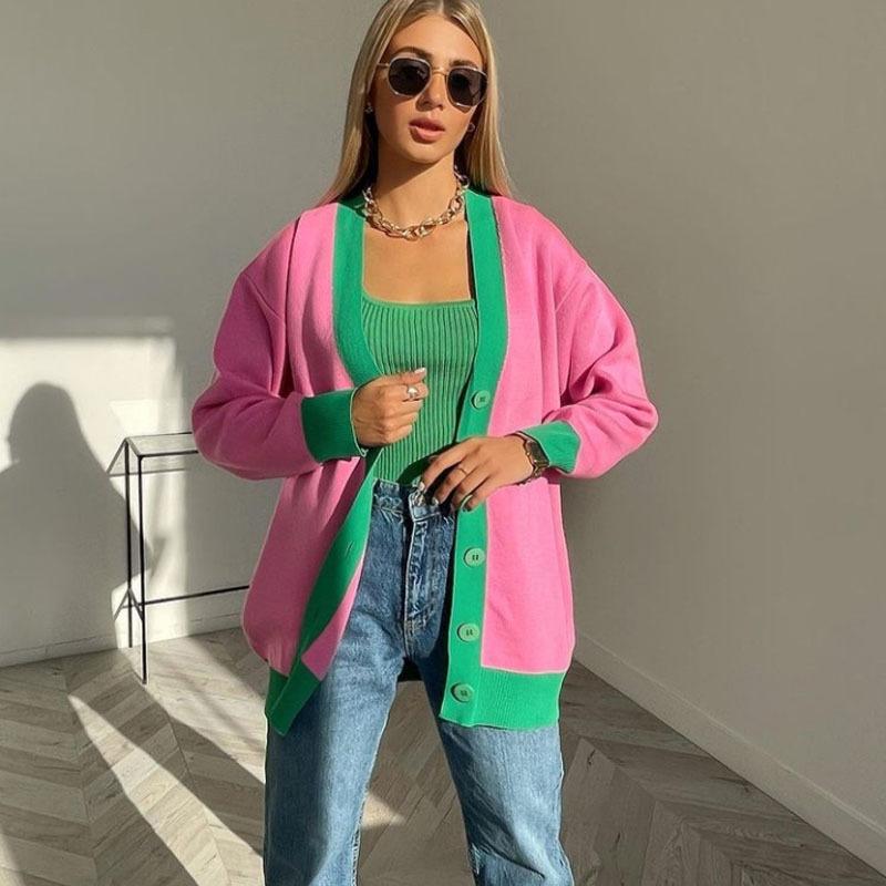 Pink Cardigan Sweater for Women Oversized Loose Harajuku Black knitted Cardigans 2021 New V Neck Woman Fashion Sweater Cardigan Fashion Fall Winter