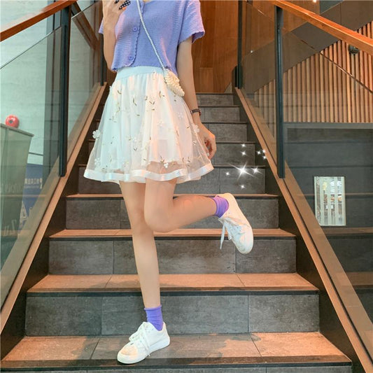 Female Simple High Waist Pleated Short Holiday Skirt Slim Elegant Vacation A-line Mesh Stitched Miniskirt