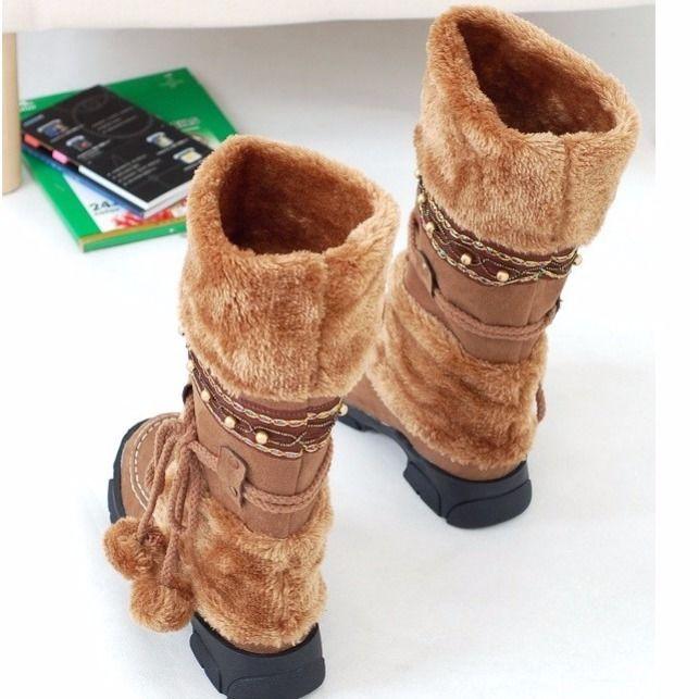 Bohemian Women's Snow Boots Beaded Fur Ball Thick Bottom High Boots Plus Velvet Calf-high Boots Plus Size 35-43