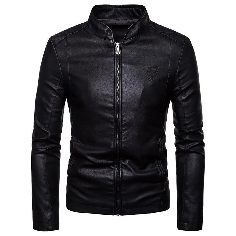 Men's Slim Stand Collar Leather Top Casual Waterproof Leather Jacket