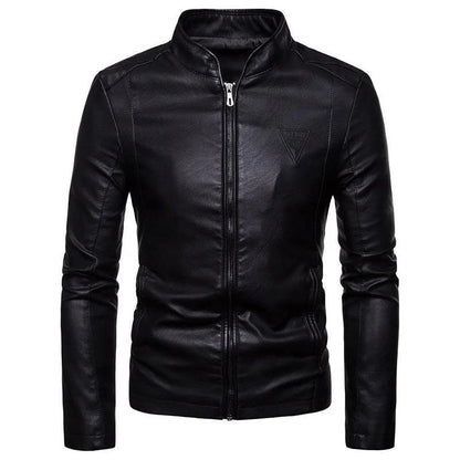 Men's Slim Stand Collar Leather Top Casual Waterproof Leather Jacket