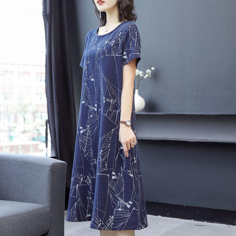 Women's Summer Plus Size Dress Loose Casual Mid-length Over-the-knee Round Neck Pocket Short-sleeved Printed Skirt