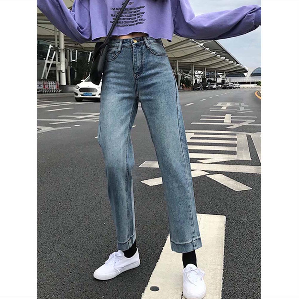 WTEMPO Women's Retro Jeans Student High Waist Was Thin and Loose Wide Leg Straight Cropped Pants