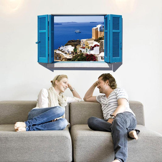 3D PVC Mediterranean blue fake window scenery Bedroom living room porch decorative wall stickers