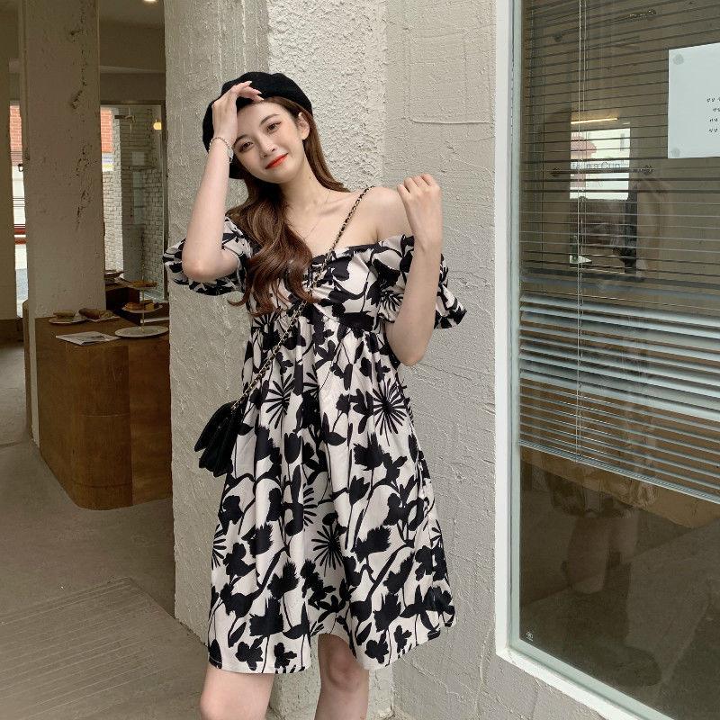 Women's Summer Elegant Open Back One Line Shoulder Show Thin Bubble Sleeve Floral Dress