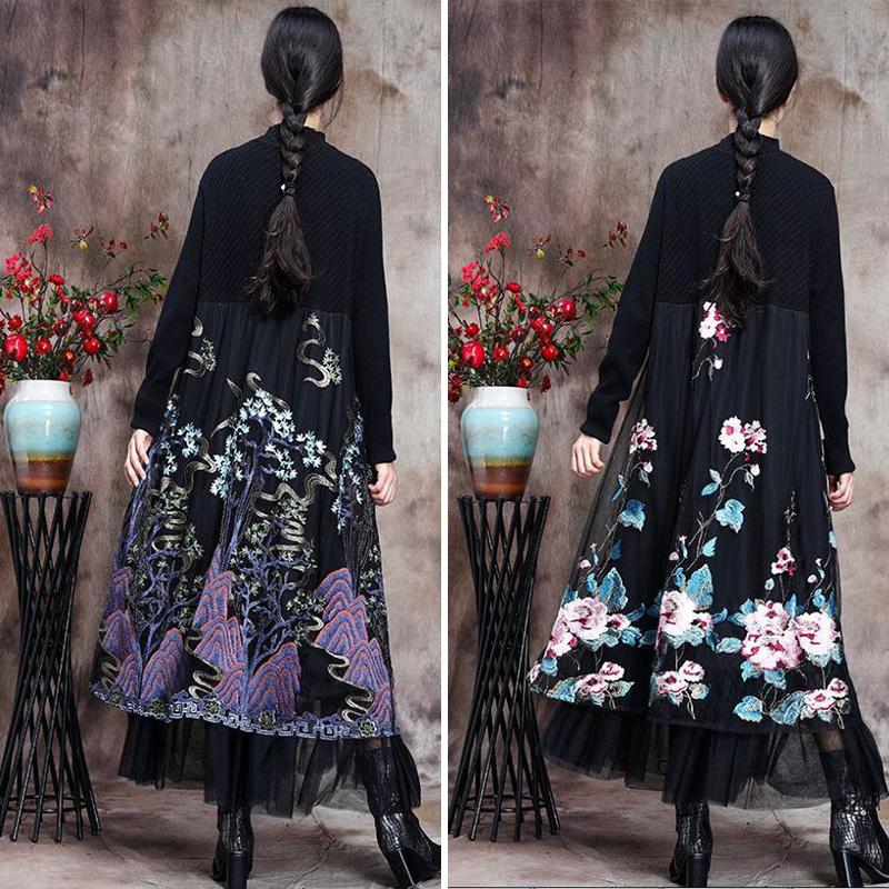 Autumn and Winter Bottoming Skirt Mid-length Retro Ethnic Embroidery Knitted Sweater Dress Long-sleeved Half-high Collar Lace Skirt