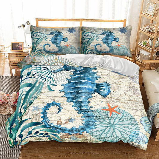 3pcs Seahorse 3D Ocean Bedding Set Duvet Cover Sets Twin Full Queen Size