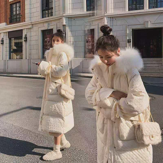 Winter New Style Loose Long Padded Jacket Padded Down Padded Jacket Coat Fluffy Big Fur Collar Over The Knee Long Down Jacket Elegant and Beautiful