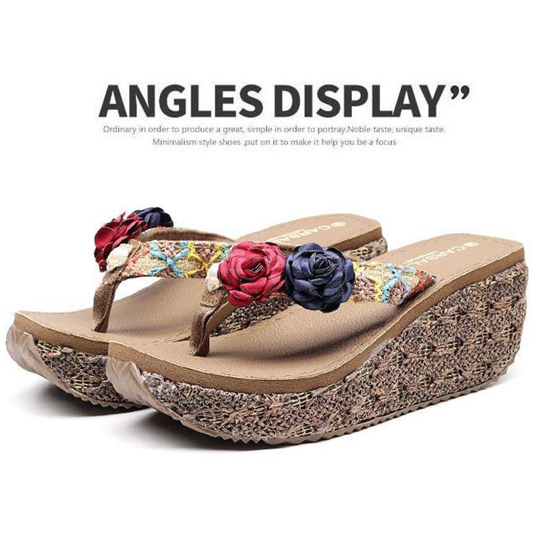 High-heeled Fashion Non-slip Sandals and Slippers Women's Summer Seaside Beach Shoes Thick-soled Holiday Outer Wear Clip-on Flower Flip-flops