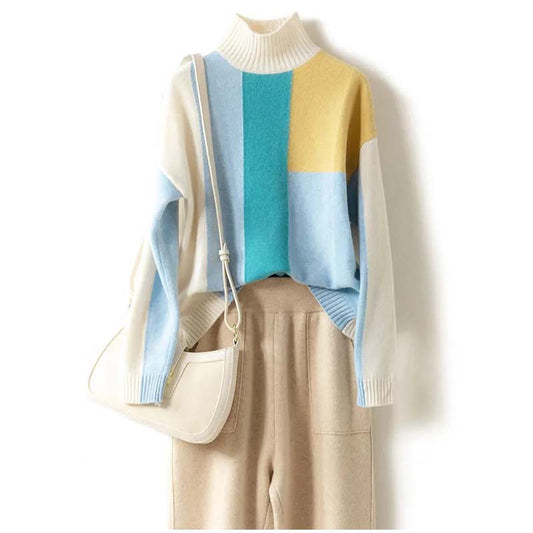 2021 Autumn and Winter New Half-high Neck Color Matching Knitted Sweater Women Loose Casual Pullover