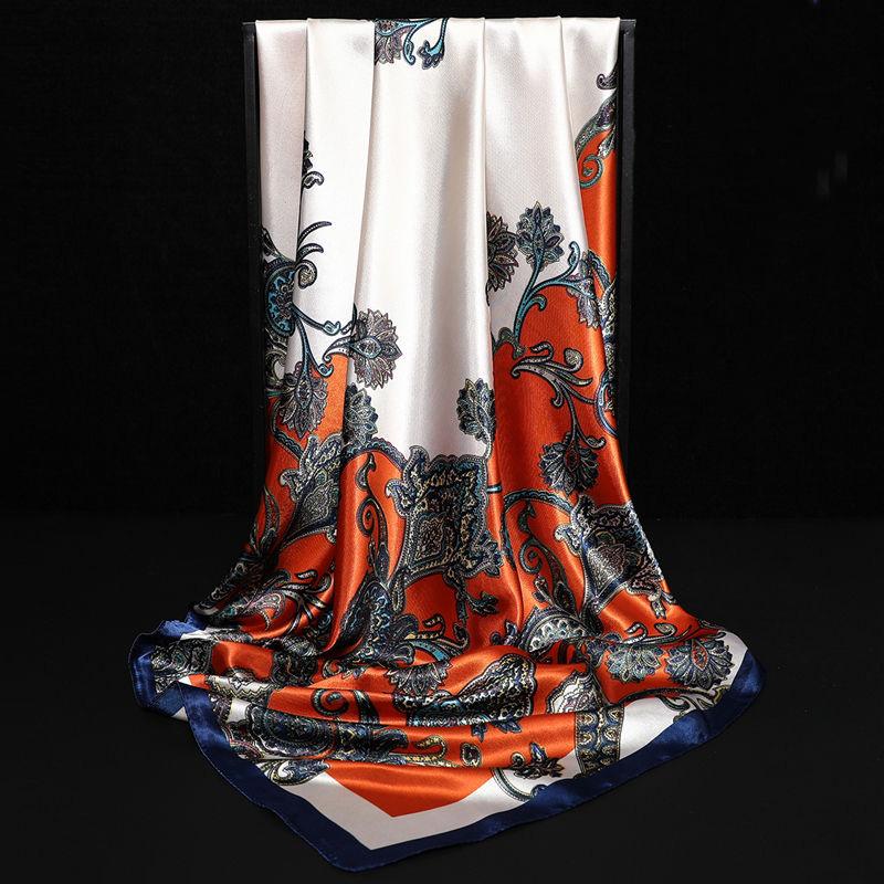 Flower Wrap Shawl Square Silk Imitation Satin Women Elegant Scarf  All-match Headscarf Sunscreen Gauze Shawl