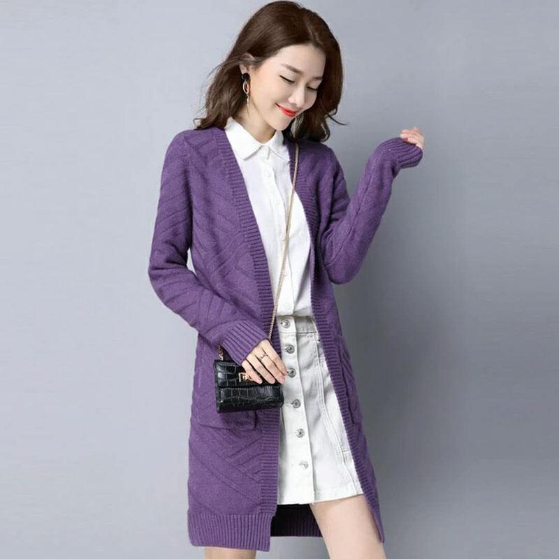 Spring and Autumn Loose Knitted Sweater Cardigan Mid-length Loose Top Pure Color Simple Women's Jacket