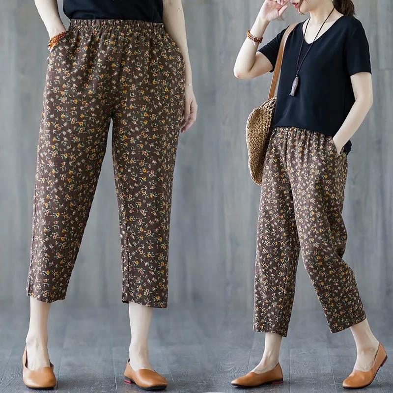 Spring and Summer Cotton and Linen Printed Cropped Trousers Large Size Loose Harem Pants Women Floral Temperament Casual Pants