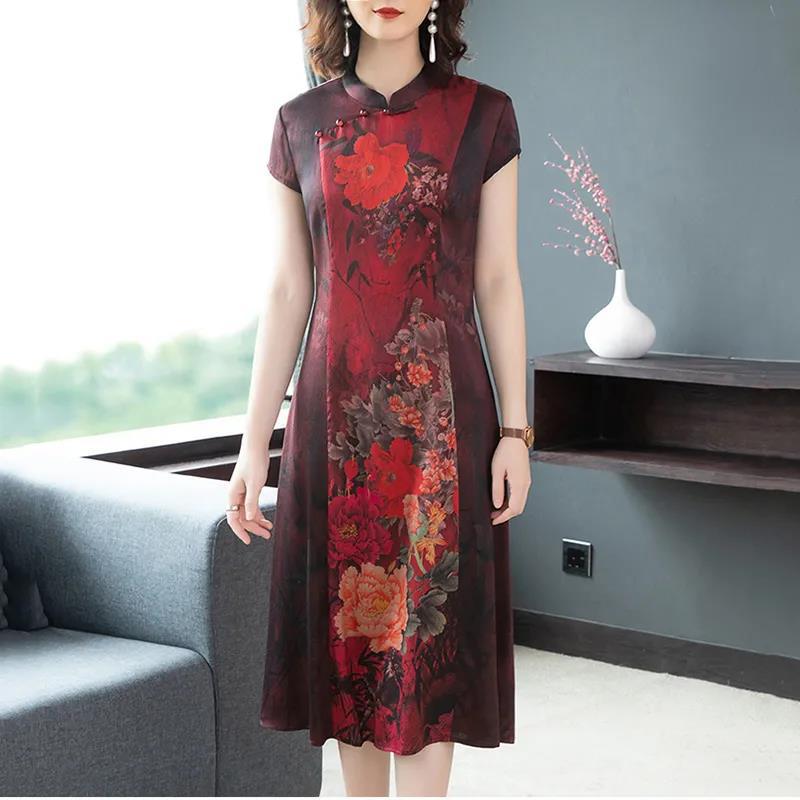 Middle-aged Mother Cheongsam Dress Female Long Summer High-end Retro Cover Belly Chinese Style Simulation Silk Skirt