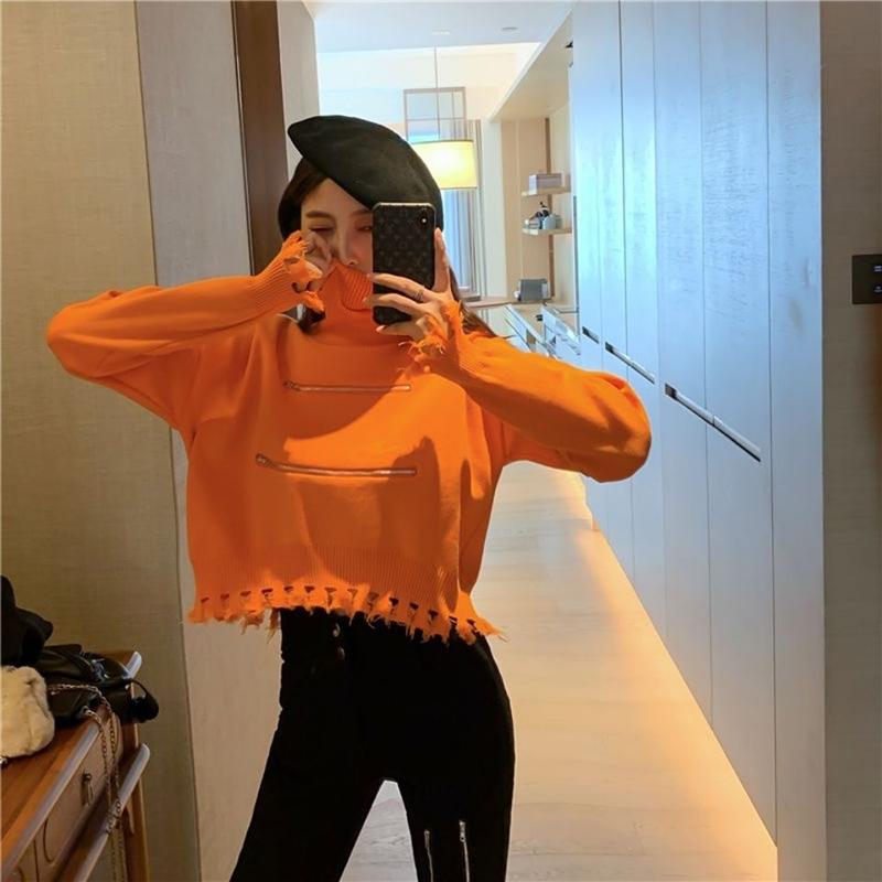 Women's Solid Color Trendy Fashion Zipper Slim Bottoming Sweater High Neck Tassel Short Knit Sweater